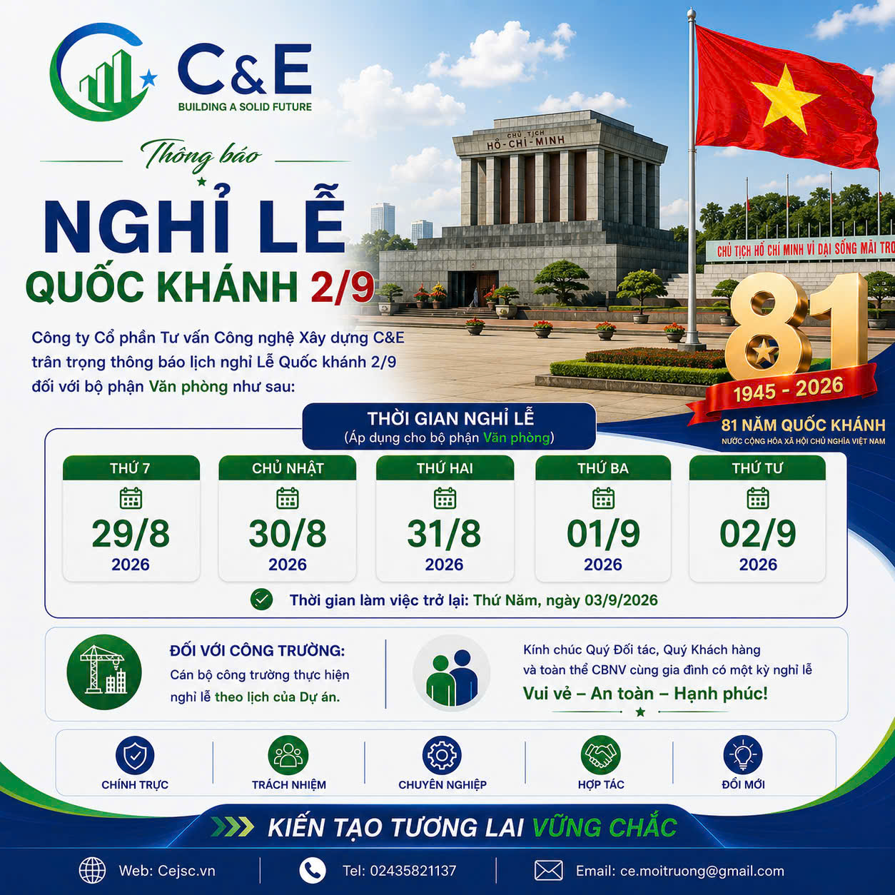 C&E thông báo lịch nghỉ lễ Quốc khánh 2/9/2026